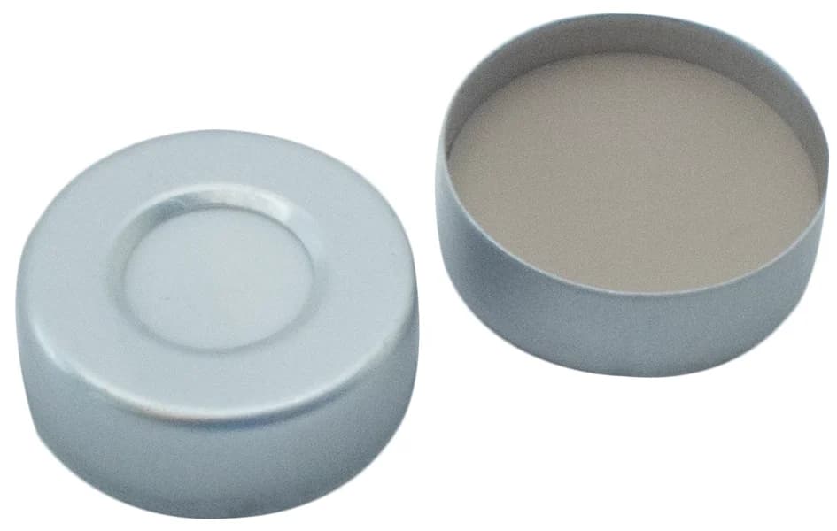Aluminium Bördelkappe ND20, farblos lackiert, Silikon weiß / PTFE beige, 10 mm Loch, 45° shore A, 3,0 mm