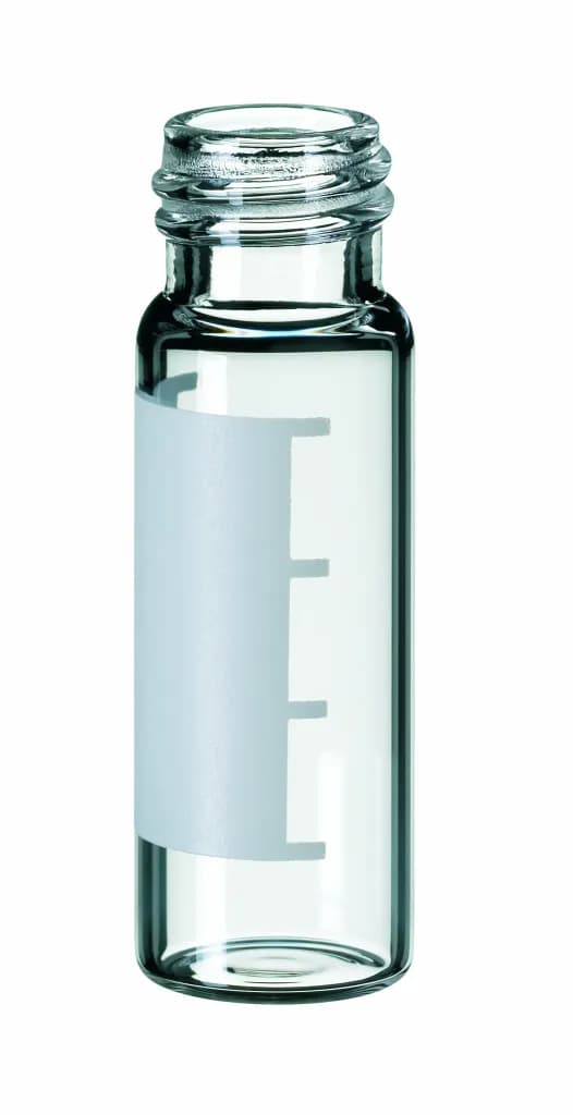 4 ml Gewindeflasche, 45 x 14,7 mm, Klarglas mit Schriftfeld und Füllmarkierung
