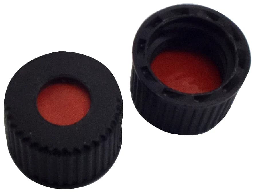 8 mm PP Schraubkappe, schwarz, mit Loch, NK rot-orange/TEF transparent, 1,3 mm, 60° shore A