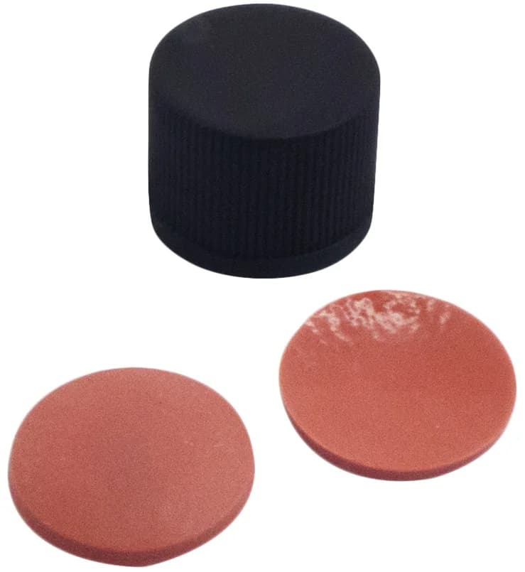 PP Schraubkappe,schwarz, geschlossen ND8, NK rot orange TEF transp., 60° shore A, 1,3 mm
