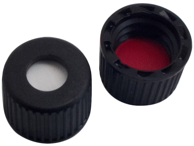 ND8  PP Schraubkappe UltraClean, schwarz mit Loch Gewinde 8-425, Silikon weiß/PTFE rot, 1,3 mm, 45°
