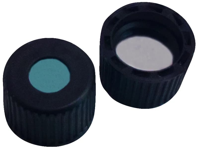 8 mm PP-Schraubkappe schwarz, 5,5 mm Loch Silikon blau transparent / PTFE weiß, 35° shore A,1,3 mm