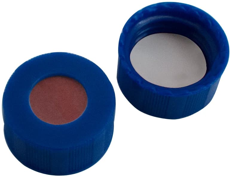 PP Kurzgewindeschaubkappe ND9, blau, 6 mm Loch, RedRubber/PTFE beige, 45° shore A, 1,0 mm