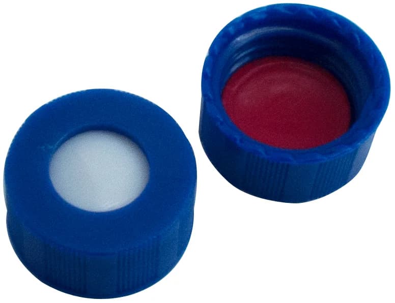 ND9 PP-Schraubkappe 9 mm, blau, mit Loch, Silikon weiß / PTFE rot, 1,0 mm, 55° shore A, UltraClean