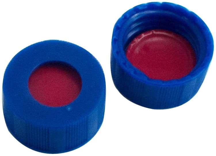 9 mm PP-Schraubkappe blau, 6 mm Loch, PTFE rot/Silikon weiß/PTFE rot, 45°shore A, 1.0mm