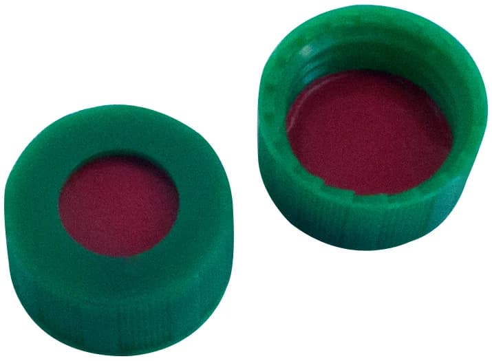 PP Kurzgewindeschraubkappe grün, 6mm Loch PTFE rot/Silicon weiß/PTFE rot,45° shore A,1.0mm