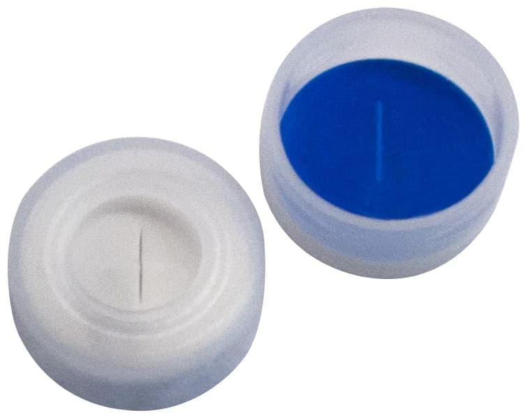 Schnappringkappe ND11, transparent, harte Kappe  Silikon weiß / PTFE blau,  kreuzgeschlitzt 55° shor