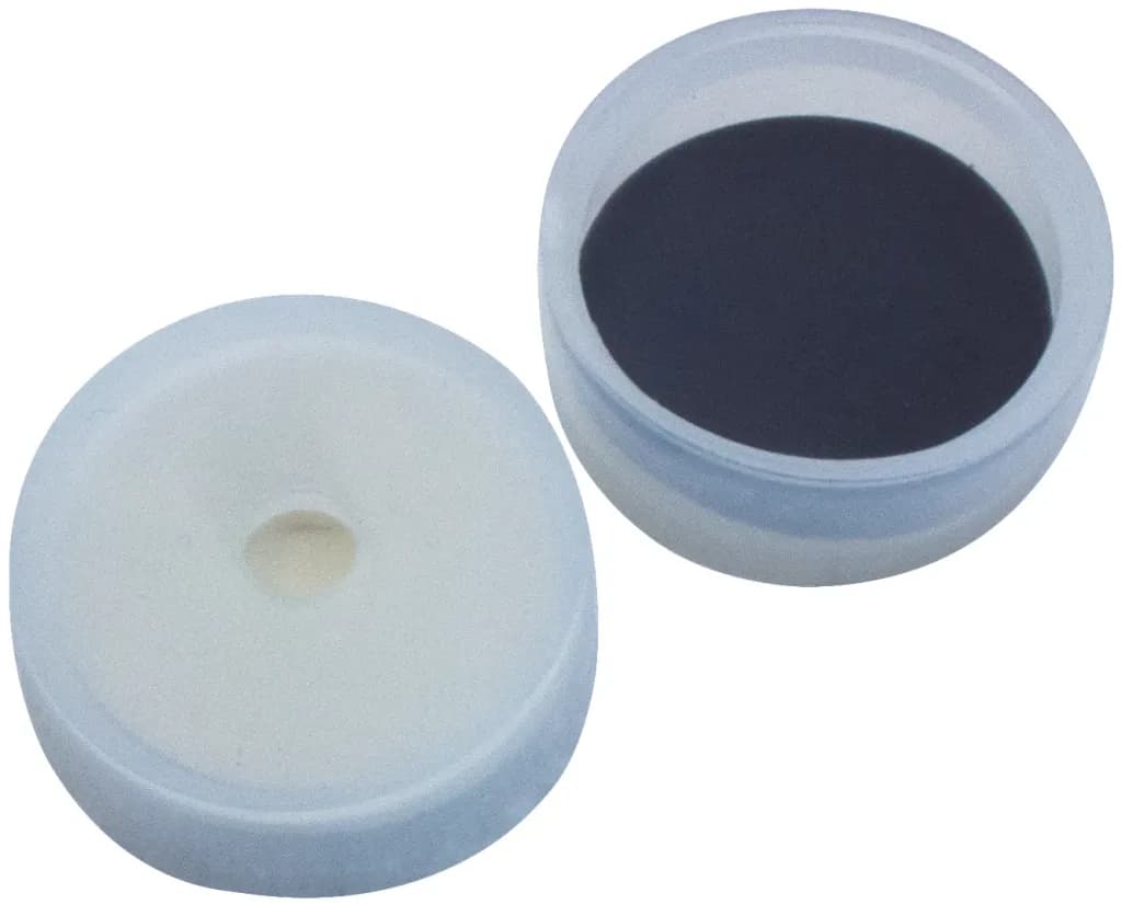 22 mm PE-Kappe transparent für 20 mm Rolrandflaschen, 4,3 mm Loch, Butyl creme/PTFE grau, 1,3 mm, 55° shore A, Kappenhöhe 8,4 mm