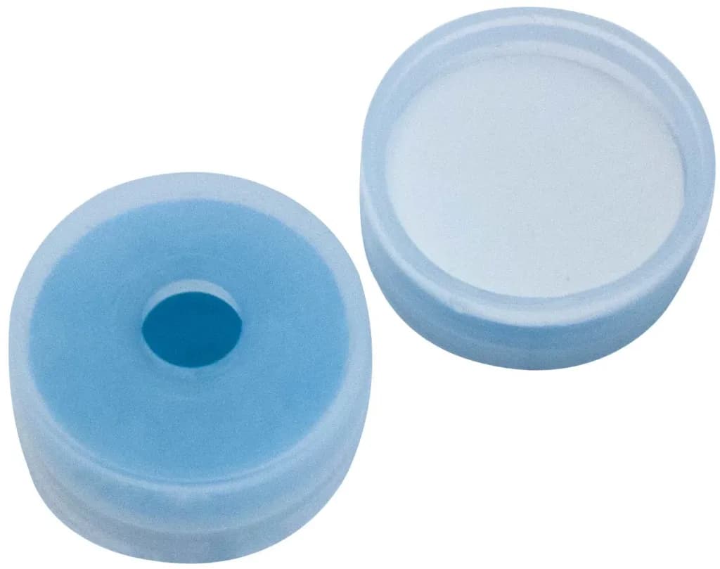 20 mm Verschluss, PE Kappe, transparent, mit 6 mm Loch, Kappenhöhe 9,1 mm, Silikon blau transparent/PTFE weiß, 45° shore A, 1,3 mm, kreuzgeschlitzt