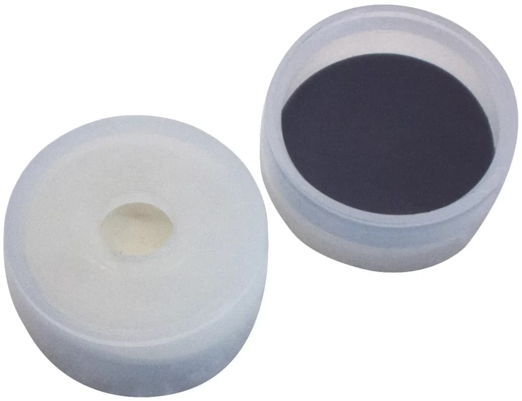 22 mm PE-Kappe transparent für 20 mm Rollrandflaschen, 4,3 mm Loch, Butyl creme/PTFE grau, 1,3 mm, 55° shore A, Kappenhöhe 9,1 mm