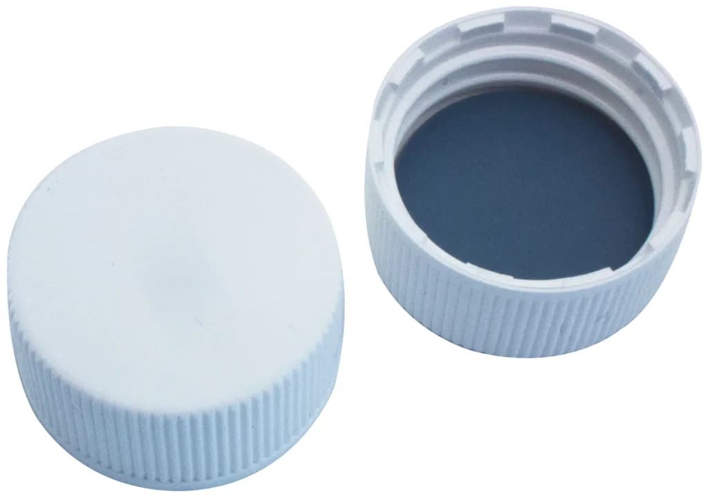 24 mm PP-Schraubkappe, weiß, geschlossen, Butyl rot / PTFE grau, 55° shore A, 2,5 mm