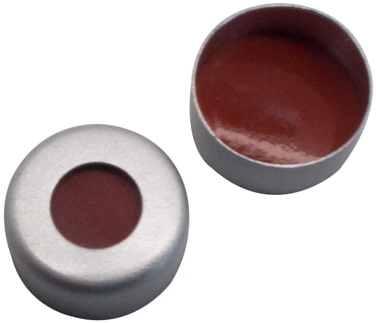 8 mm Verschluß: Aluminium Bördelkappe, farblos lackiert, mit Loch: Red Rubber/PTFE farblos, 1.0 mm