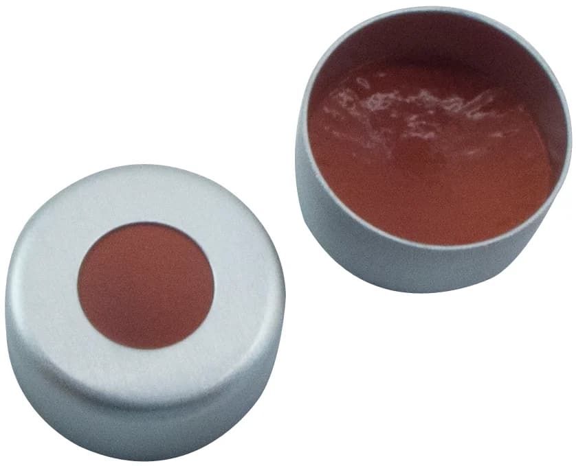 ND11 Aluminium Bördelkappe, 5,6 mm Loch, farblos lackiert, NK/Butyl rot/TEF 45° shore A, 1,0 mm