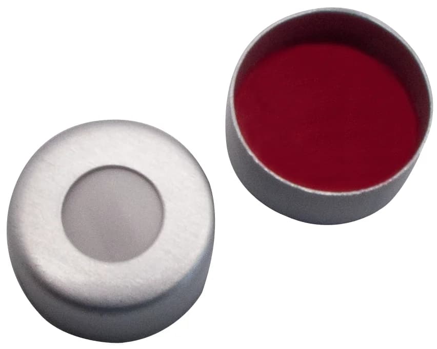 Aluminium Bördelkappe ND11, farblos lackiert 5,5 mm Loch, UltraClean, Silikon weiß/PTFE rot 45° sho