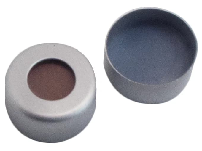 ND11 Aluminium Bördelkappe, farblos lackiert 5,5 mm Loch, Buthyl rot / PTFE grau, 1,3 mm