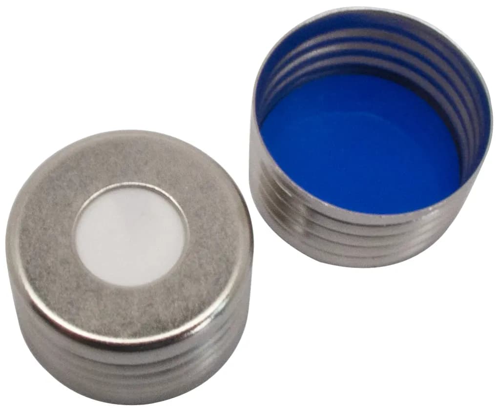 Magnetische Feingewindeschraubkappe ND18 mit Loch, Silikon weiß / PTFE blau, 1,5 mm
