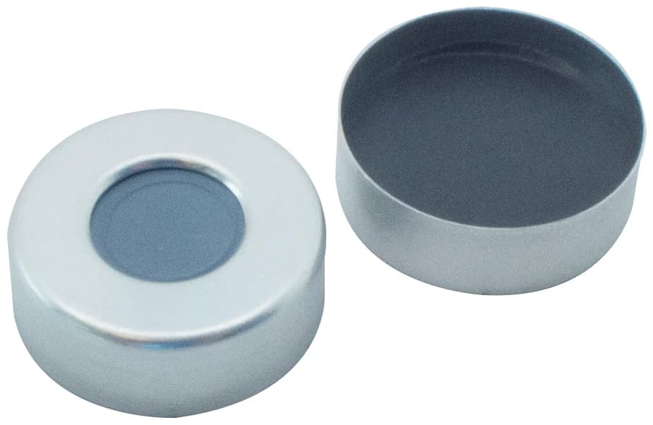 ND20 Aluminium Bördelkappe, walzblank, 10 mm Loch, 50° shore A, 3,0 mm, Formscheibe Butyl/ PTFE grau