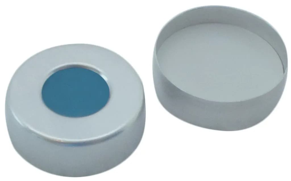 20 mm UltraClean Verschluss: Aluminium Bördelkappe, silber, mit Loch, Silikon blau transparent / PTFE weiß, 45° shore A, 3,0 mm
