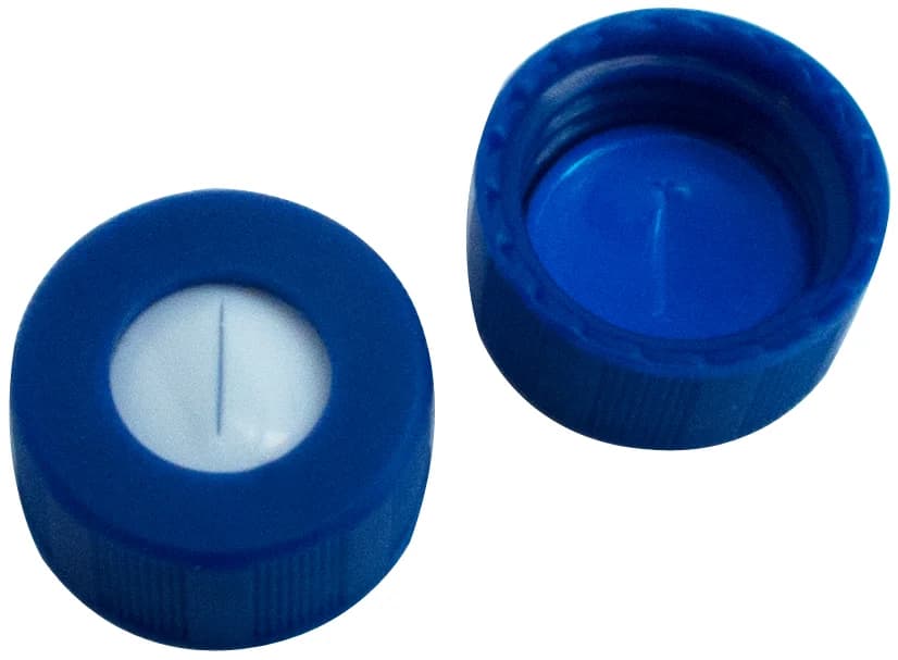 9 mm Verschluss, PP Kurzgewindekappe, blau, mit Loch, Silikon weiß/PTFE blau, 55° shore A 1,0 mm, geschlitzt