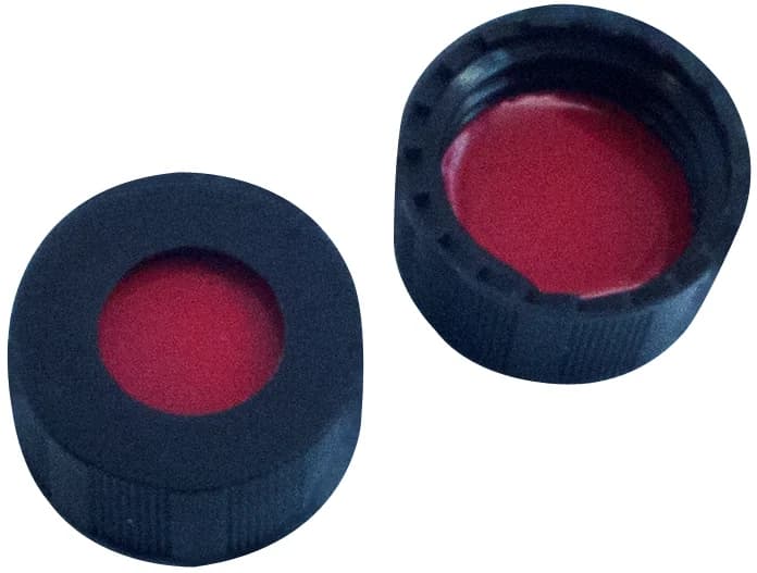 PP Kurzgewindekappe ND9, schwarz mit Loch PTFE rot / Silikon weiß / PTFE rot, 1,0 mm