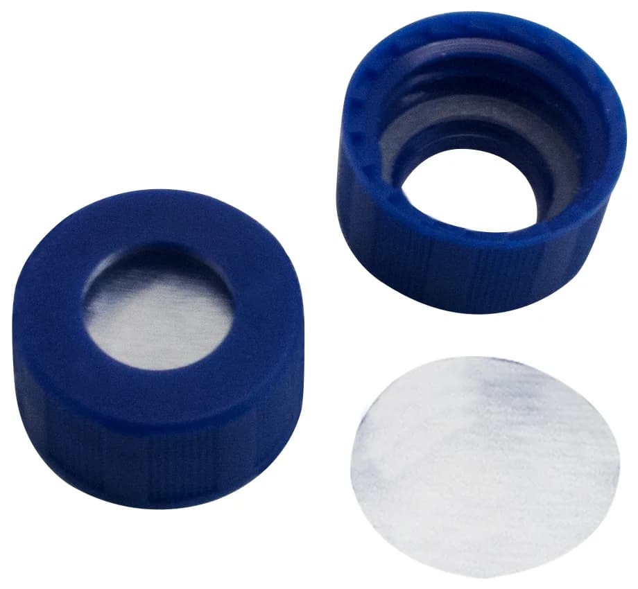 ND9 PP Kurzgewindekappe, blau, mit Loch, Aluminum Septum silber, 0,1 mm (Silikon O-Ring)