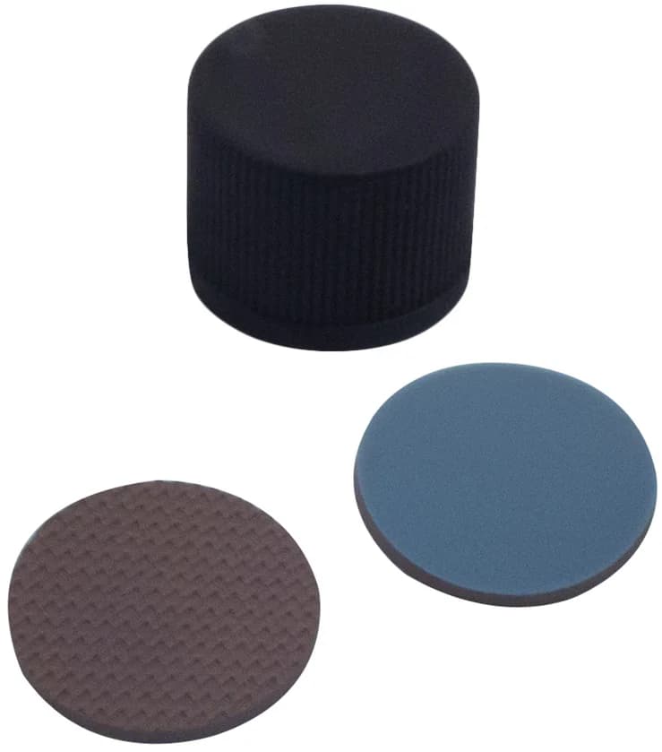 ND13 PP Schraubkappe, schwarz, geschlossen, Buthyl rot/PTFE grau, 55° shore A, 1,3 mm