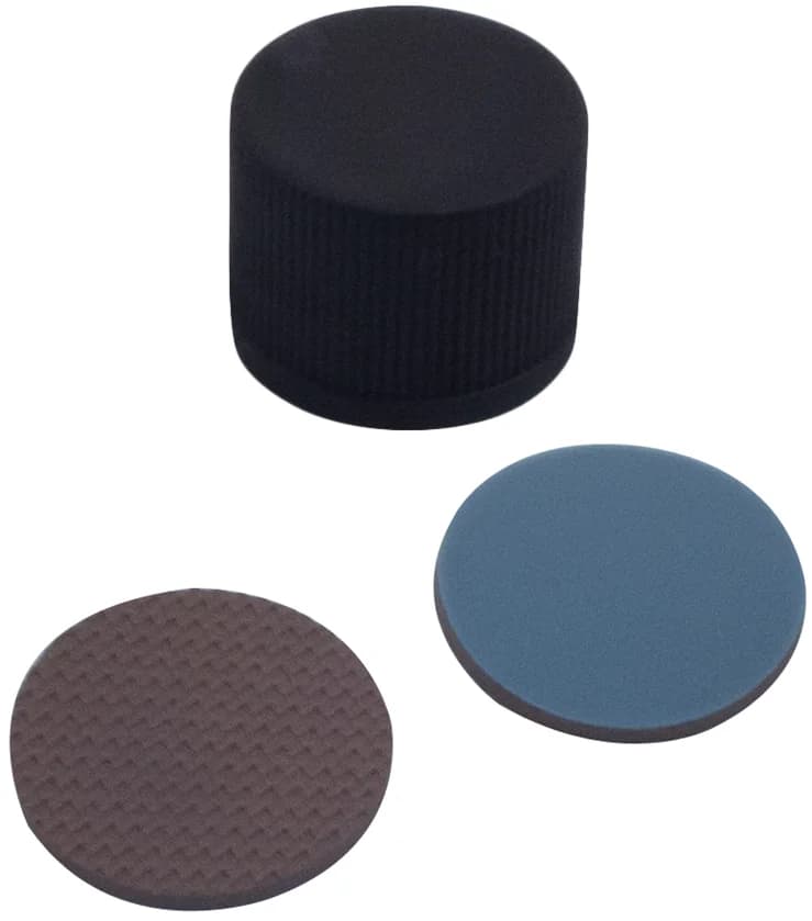 PP Schraubkappe, ND15, schwarz, geschlossen Buthyl rot/PTFE grau, 55° shore A, 1,6 mm